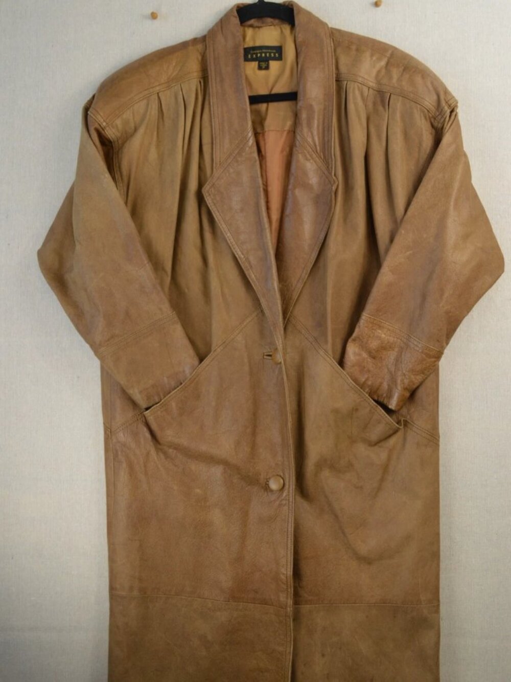 Vintage 90s Express Womens Warehouse Brown Leather Trench Coat Outdoor Size PM